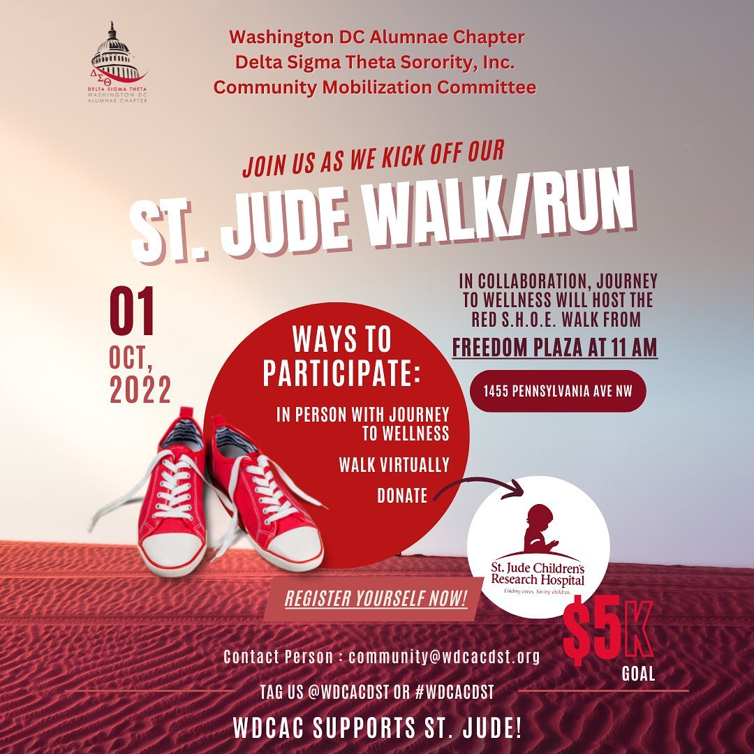 Delta Sigma Theta Sorority, Inc proudly support @stjude!

Join us on Oct 1 at 11am for our St. Jude Walk/Run starting at Freedom Plaza. Join our team and help us reach our $5K fundraising goal (link in the bio)

#wdcacdst #wdcac #stjude #stjudewalkrun #dst1913